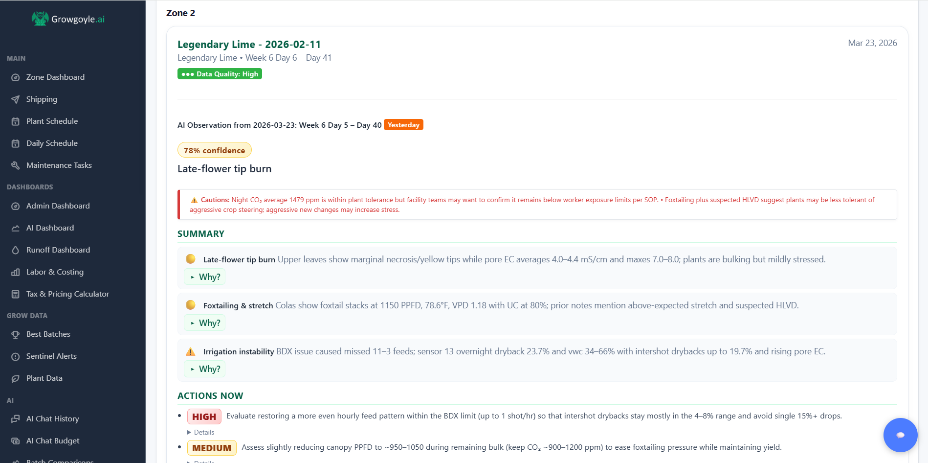 Growgoyle AI Observation — late-flower tip burn diagnosis with 78% confidence, actionable recommendations by priority