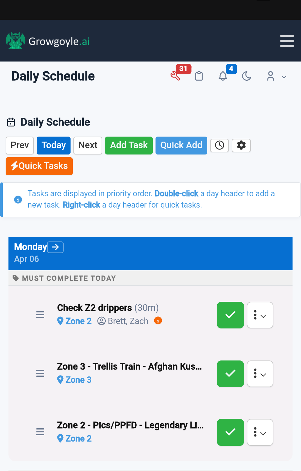 Growgoyle Daily Schedule — priority-ranked task list with zone assignments, team members, time estimates, and completion tracking on mobile